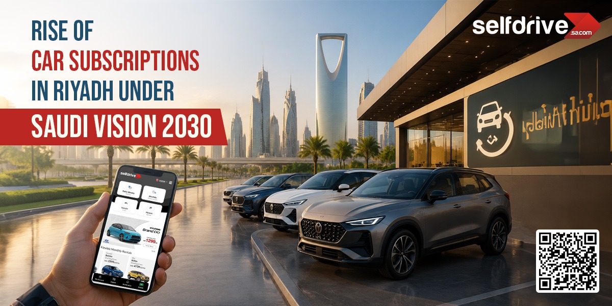 A futuristic cityscape in Riyadh showcases sleek cars in front of a modern building with a selfdrive.sa logo. An app is visible on a smartphone. Text highlights "Rise of Car Subscriptions in Riyadh Under Saudi Vision 2030." The scene conveys innovation and progress.